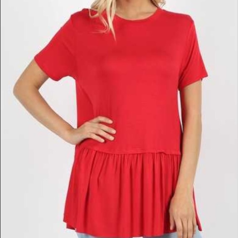 Ruby Red Short Sleeve Ruffle Bottom Top